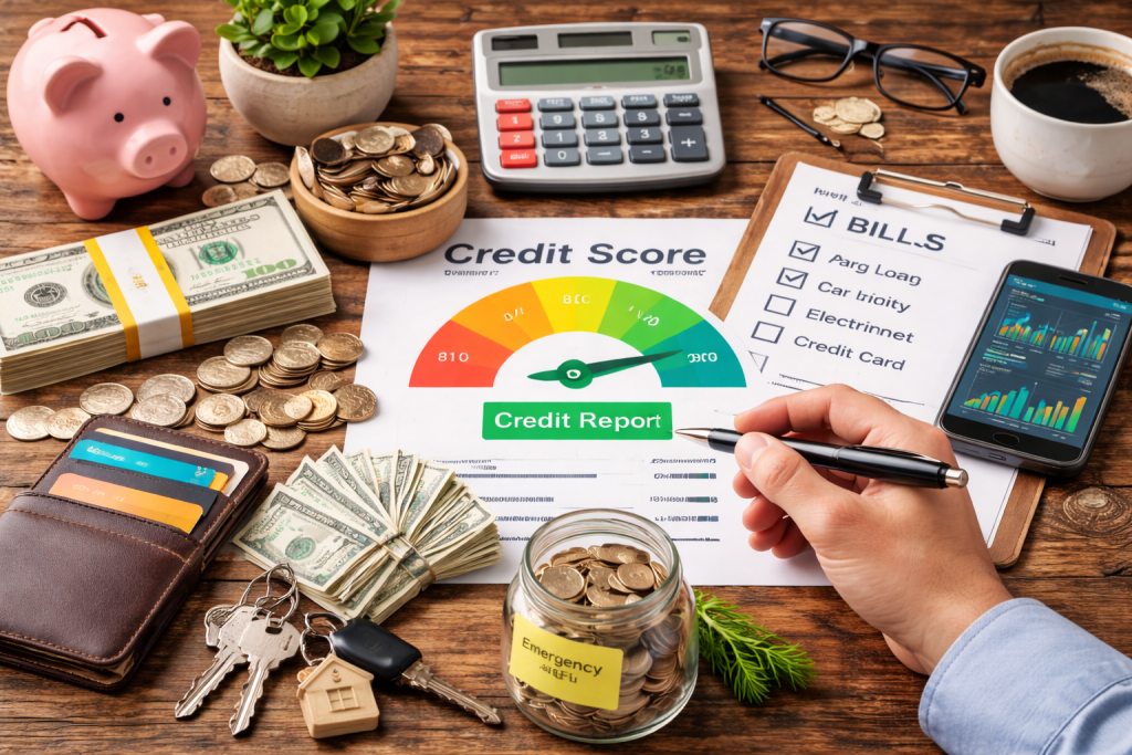 Financial health tools on wooden table