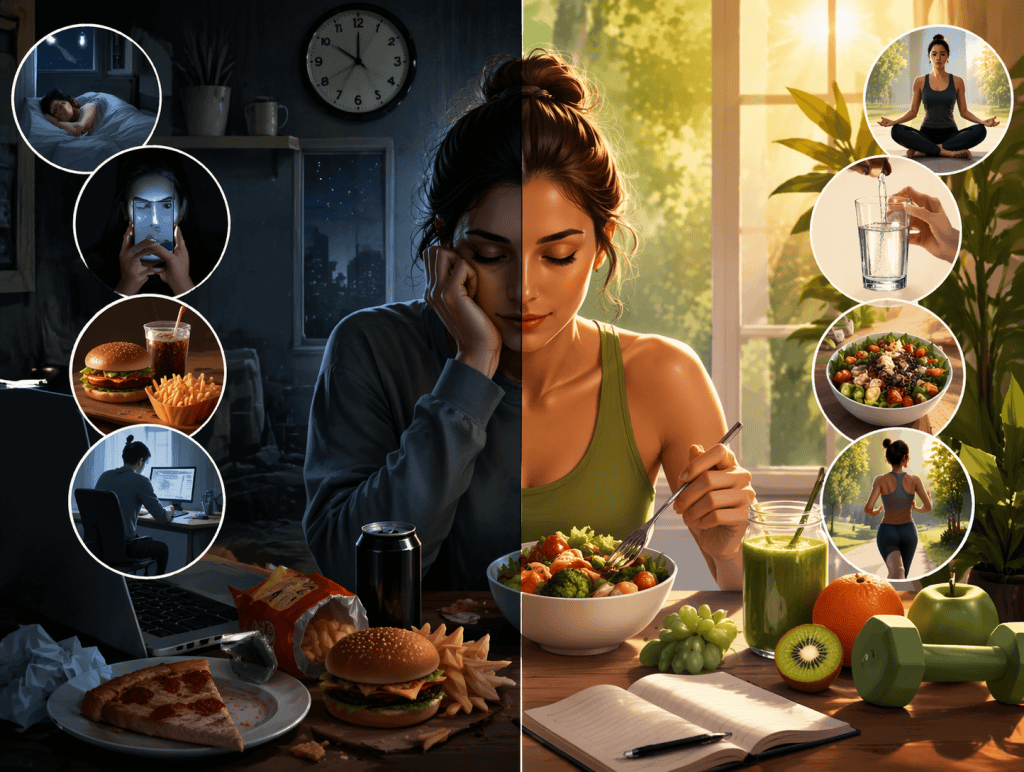 Healthy vs unhealthy lifestyle contrast