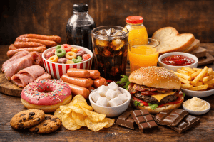 Indulgent snack feast on wooden table