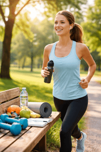 Jogging in the park with fitness essentials