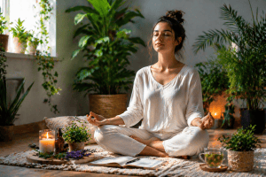 Tranquil meditation space with greenery